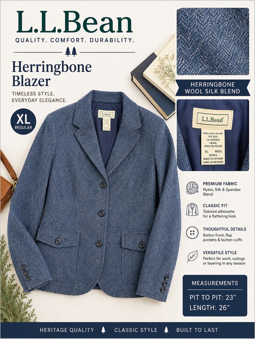 L.L.Bean Women’s XL Blue Herringbone Wool Silk Blend Blazer Jacket